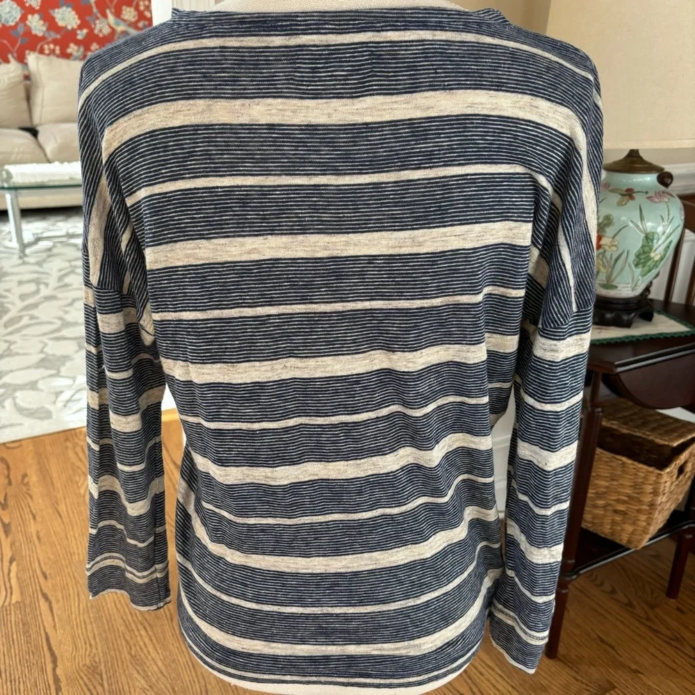 Madewell women’s medium blue cream stripped 100% Linen‎ 3/4 sleeve top - Picture 5 of 7